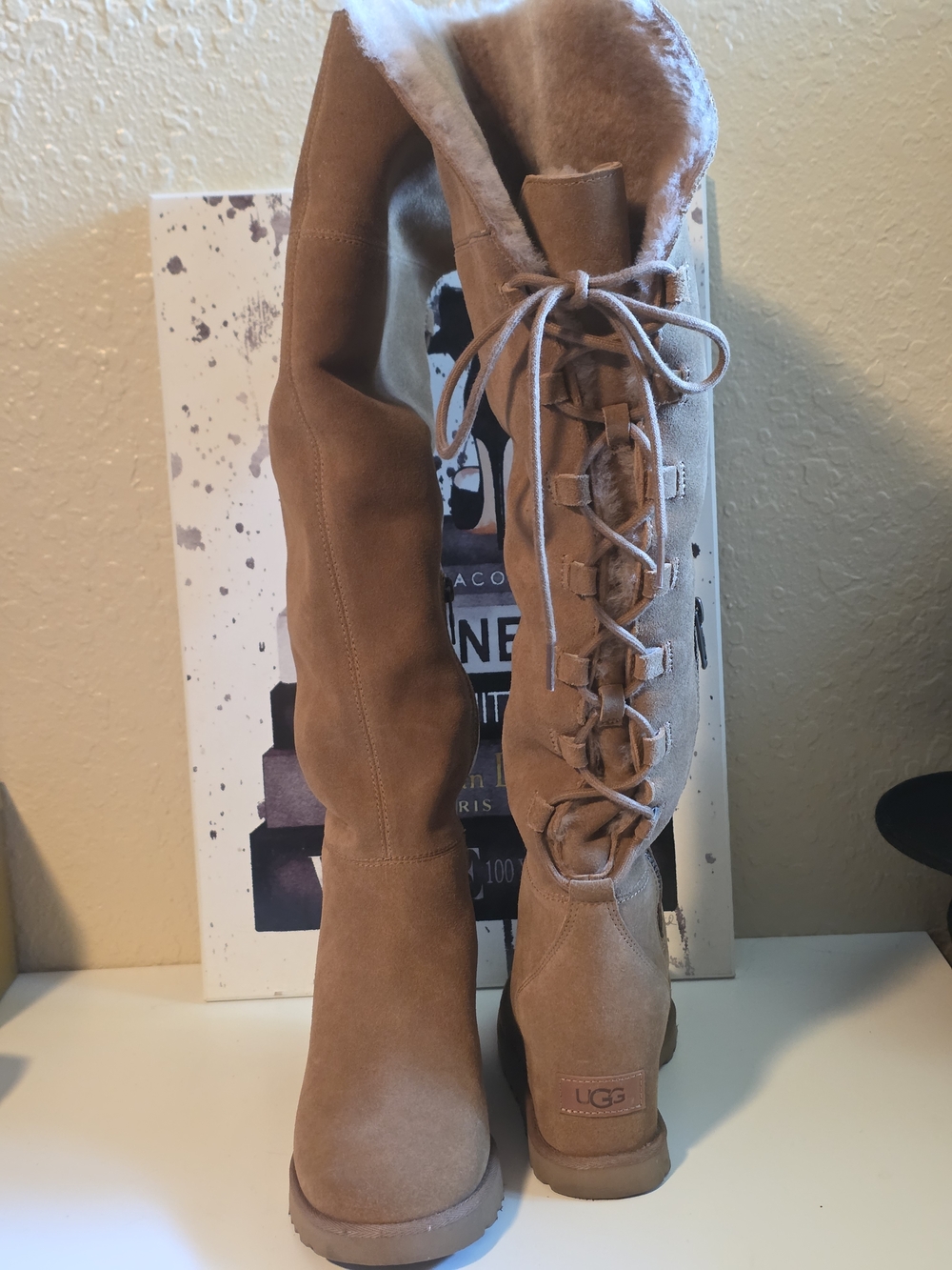 UGG Tall Femme Wedge Lace-Up Suede Boots in Chestnut